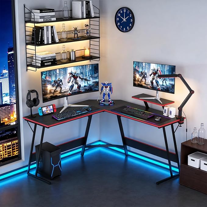 FDW L Shaped 51 Inch Gaming DeskCorner Computer DeskPC Gaming DeskWriting Workstation with Large Monitor Stand for Home OfficeDark Black