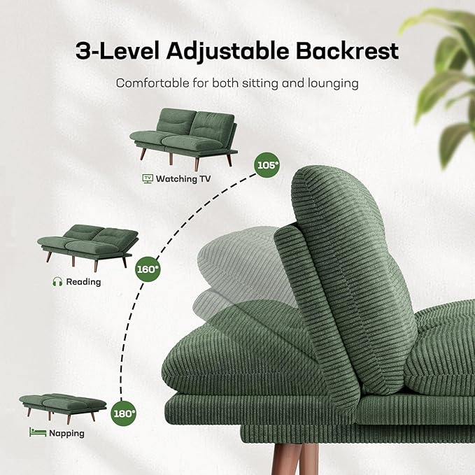 Marsail Futon Sofa Bed 66” Futon Couch with Adjustable Backrest &amp Armrests Convertible Small Sleeper Sofa Bed for Small Apartments Study Room Office Corduroy Loveseat Olive Green