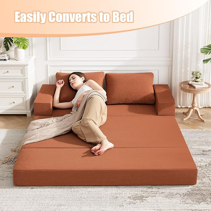 COMAX Convertible Sofa Bed Queen Corduroy Folding Floor Couch Pull Out Couch Bed Futon Sleeper with Pillows Fold Out Boneless Sofa Comfy Lounge Mattress Loveseat for Living Room Bedroom