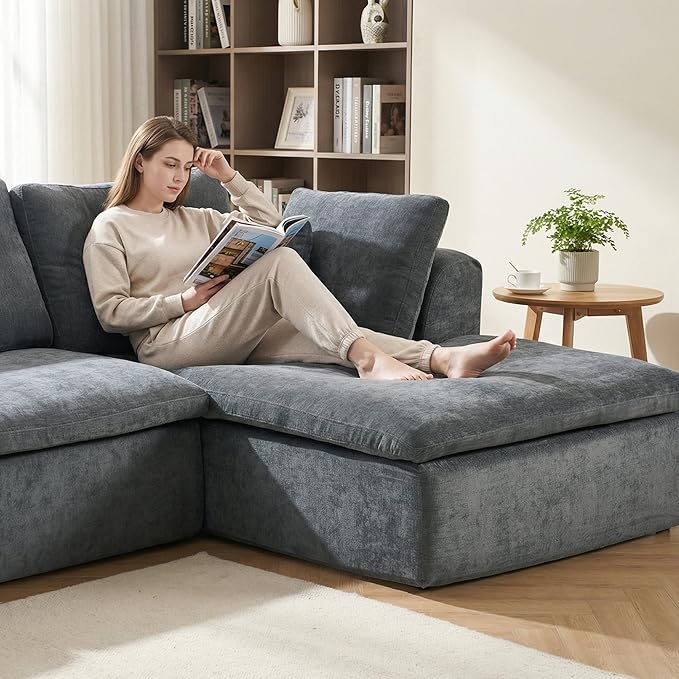 Boneless Sectional with Chaise 110 L-Shaped Cloud Couch for Living Room Deep Seat Chenille Floor Sofa Frameless Modular Lounge Set (Dark Gray Right Facing Chaise)