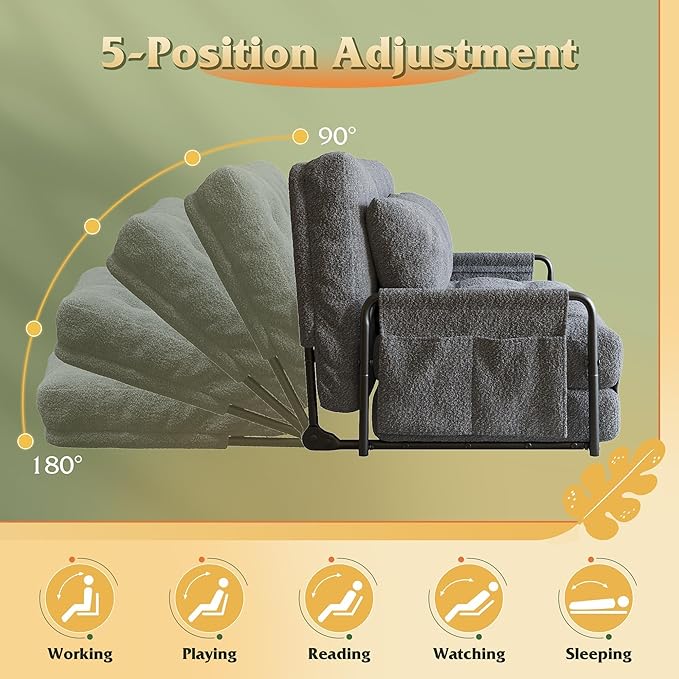 WLIVE Futon Sofa Bed Floor Chair with Adjustable Backrest Bean Bag Bed for Adults with Armrest Pillow Low Profile for Living Room Reading Bedroom Loveseat Grey