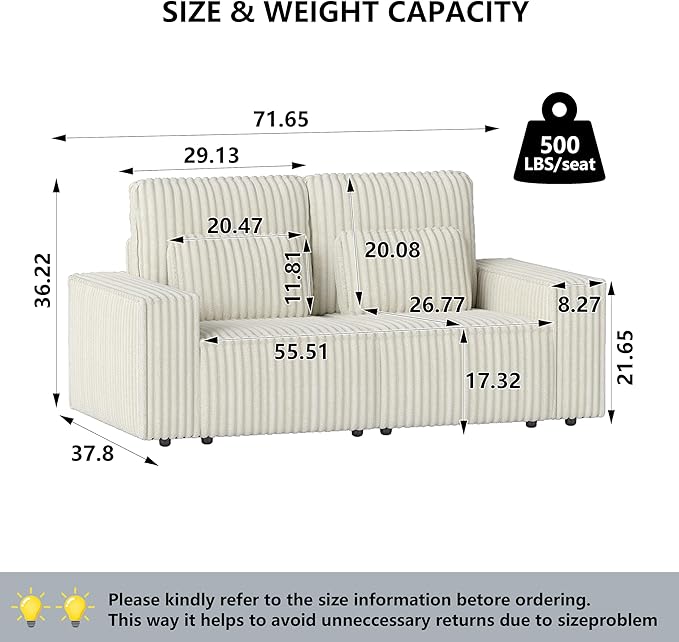 mikibama Modern Corduroy Loveseat 2 Seat Sofa CouchModular Sectional 2 Seater Sofas with PillowsDeep Love Seat Couches with Wide Square Arms for Living Room (Off White Loveseat)