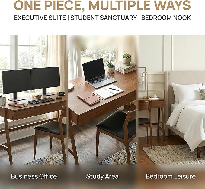 HNY 59 Inches Walnut Wooden Writing Desk with 3 Drawers Computer Study Table with MDF Top Solid Rubberwood Legs and Hidden Cable Management Holes Corner Makeup Vanity Desk for Home Office Bedroom