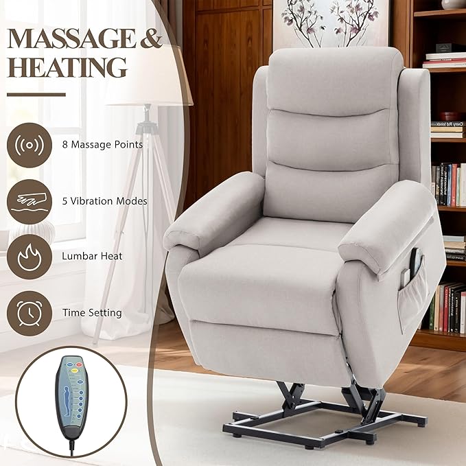 Power Lift Recliner Chair with Massage and Heat for Elderly Electric Lift Chair for Adults Small Recliner for Living Room Reading Room Recliner Saves Your Favorite Position Beige