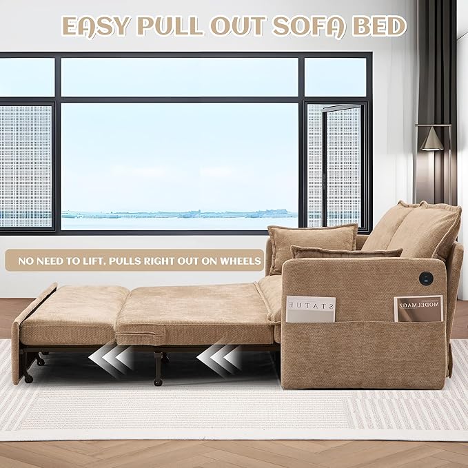 SUNWAVE 60 Queen Pull Out Sofa Bed - Convertible Sleeper Sofa Bed Chenille Loveseat Pull Out Couch with USB Charging Side Pockets for Living Room Bedroom Small Spaces (Brown 60)