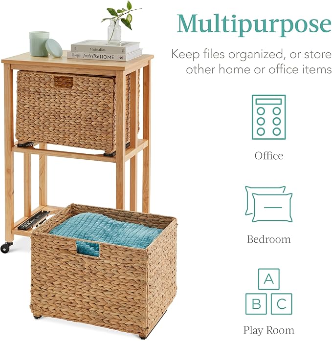 Best Choice Products Vertical Rolling File Cabinet Multipurpose Portable Water Hyacinth Basket Organizer for Home Office Workspace w/Rubberwood Frame Metal Sliders Locking Caster Wheels - Natural