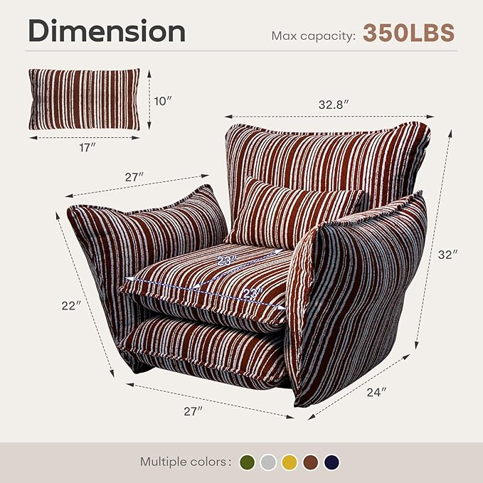 Chenille Accent Chair with Lumbar Pillow Brown Stripe Wide Armrests Deep Seat 7 Inch High-Density Foam 350 lbs Capacity