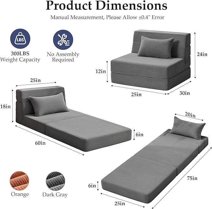 Youzi Folding Sofa Bed Convertible Sleeper Chair with Pillow 4-in-1 Foldable Mattress Futon Couch Bed to Lounge Chair for Living Room Bedroom Dorm &amp Guest Washable Cover Dark Gray Single