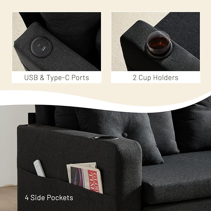 3 in 1 Sofa Bed 56 Inch Convertible Pull Out Couch Loveseat Sleeper Sofa with Cup Holders USB Couch Bed for Living Room Bedroom Apartment Black