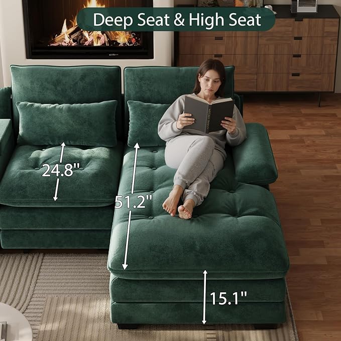 OUYESSIR 134 Oversized Green Sectional Couches for Living RoomFluffy Couch with Chaise Lounge&ampTufted Buttons U Shaped Living Room Sofa Set FurnitureChenille 6 Seater Couch with Storage Console