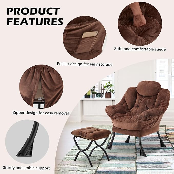 Lazy Chair with Folding OttomanLeisure Sofa ChairSoft Fabric Armchair with Armrests and Side Pockets Reading Chair with Footrest for Living Room Bedroom Office (Plush Dark Brown)
