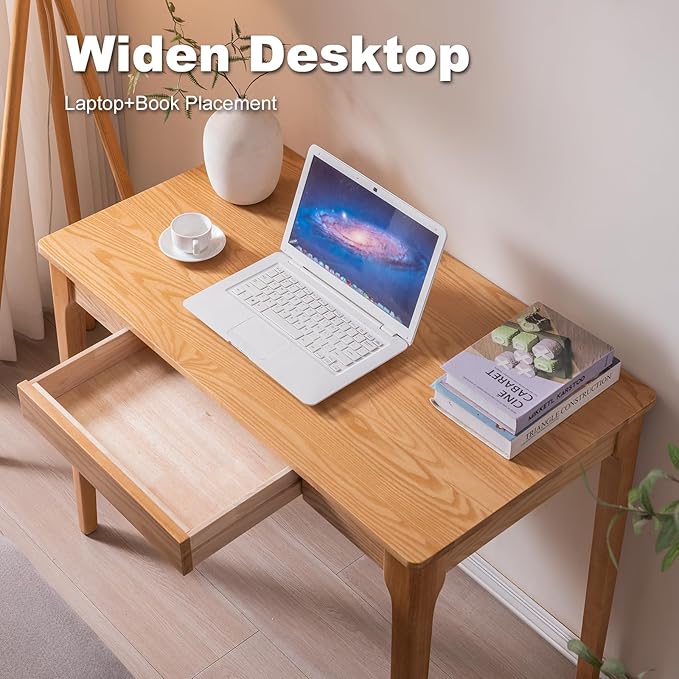 Solid Wood Desk with Drawers Home Office Desk for Small Spaces Gaming Work Study Desk Student PC Desk for Bedroom Easy to Assemble (Wood Color 39.4 inch)