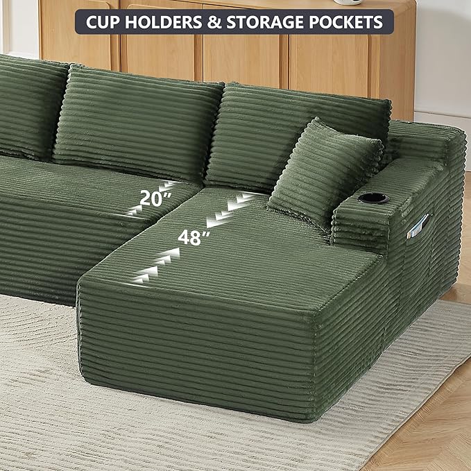 133.5 Modular Sectional Sofa with Movable Chaises Boneless Couches with Cup Holders for Living RoomOversized U Shaped Sectional Couch Modern Cloud Corner Sofa with Storage 6 Seater- Green