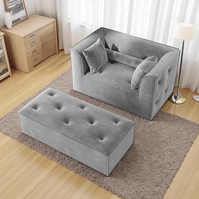 62 Chaise Lounge Chair IndoorDeep Seat Sleeper Sofa Cloud Couch with 3 Soft Pillows and OttomanComfy Cloud Seat for Living Room Apartment Office(Dark Grey Chaise Lounge+Ottoman)
