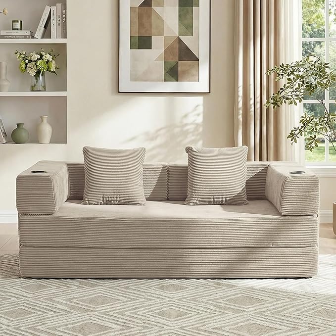 WELAX 72.8 Convertible Sleeper Sofa Bed Boneless Cloud Queen Futon Couches with Cupholders &amp Storage Pockets Corduroy Folding Floor Couch for Bedroom Apartment No Assembly Light Gray