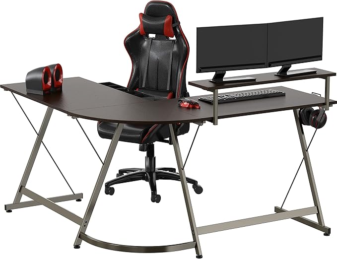 SHW 51 x 51 Inches Vista L-Shaped Desk with Monitor Stand and Drawer Espresso