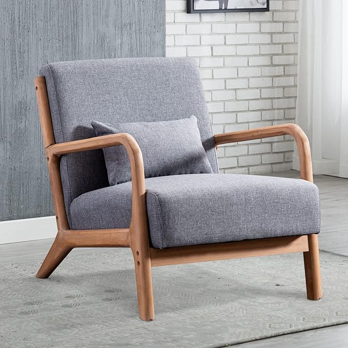 INZOY Mid Century Modern Accent Chair with Wood Frame Upholstered Living Room Chairs with Waist Cushion Reading Armchair for Bedroom Sunroom (Dark Grey)