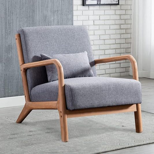 INZOY Mid Century Modern Accent Chair with Wood Frame Upholstered Living Room Chairs with Waist Cushion Reading Armchair for Bedroom Sunroom (Dark Grey)