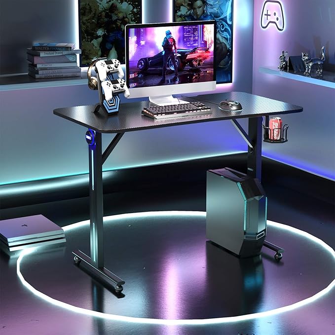 Tangkula Gaming Desk T-Shaped Computer Desk w/Game Controller Stand Cup Holder and LED Light Ergonomic Home Office Game Station with Carbon Fiber Surface (Black)