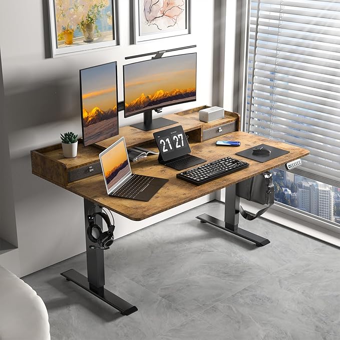 55 x 30 Inch Electric Standing Desk with 2 Drawers Adjustable Height Widened Stand Up Desk with Storage Sit to Stand Ergonomic Workstation for Home Office Rustic Brown