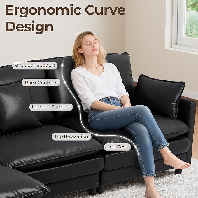 113'' L Shaped Cloud Couch 4-Seater Modular Sectional Sofa with Double Layer Upholstered Seat Cushion PU Deep Seat Couches with Ottoman &amp Pillows for Living Room Bedroom &amp Apartment Black
