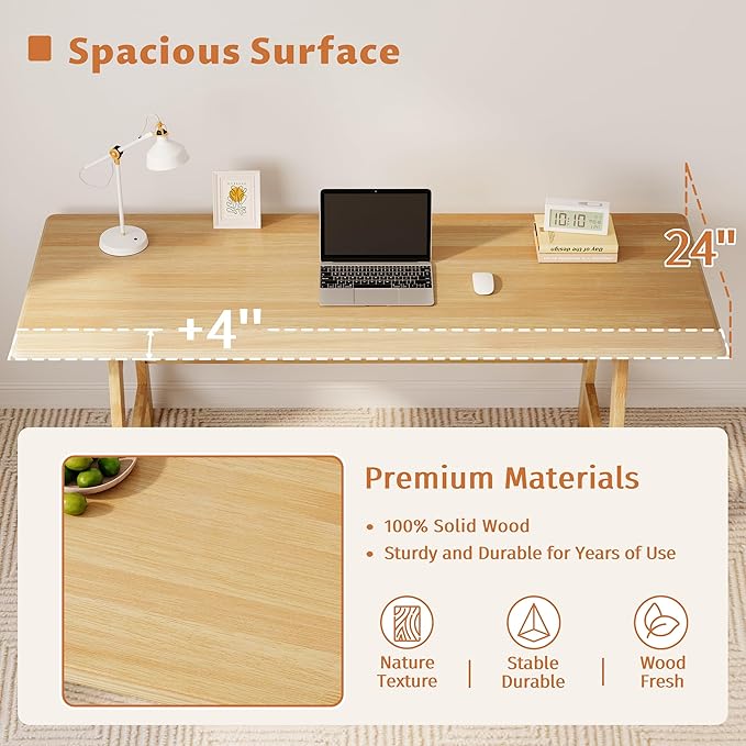 IOTXY Solid Wood Writing Table - 72 W x 24 D Minimalist Long Computer Desk for Home Office Work Study Creativity and PC Workstation Oak