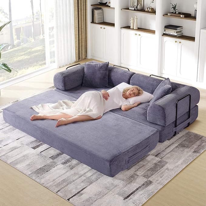 Convertible Folding Sofa Bed Corduroy Sleeper Mattress Couch with Fixed-Shape Frame Free Combination Loveseat Lounge Floor Sofa Queen Size Memory Foam Couch for Living Room Bedroom Ash Grey