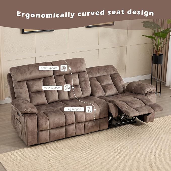 CANMOV 3 Seat Manual Recliner Sofa Modern Reclining Sofa with Overstuffed Armrest Hidden Cup Holders for Living Room Camel-Brown