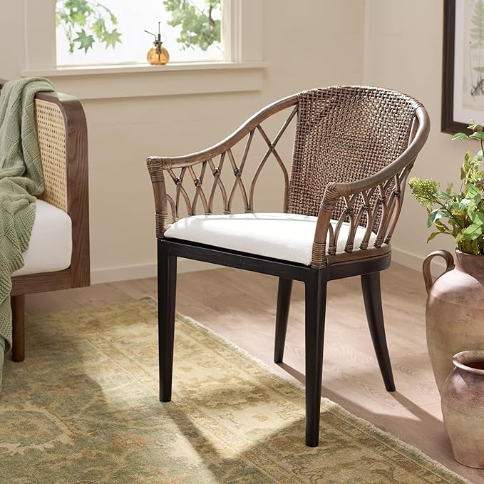 SAFAVIEH Home Collection – Miyomi Brown Rattan Arm Chair with Ivory Seat Cushion Coastal Modern Design Fully Assembled (ACH4900A)
