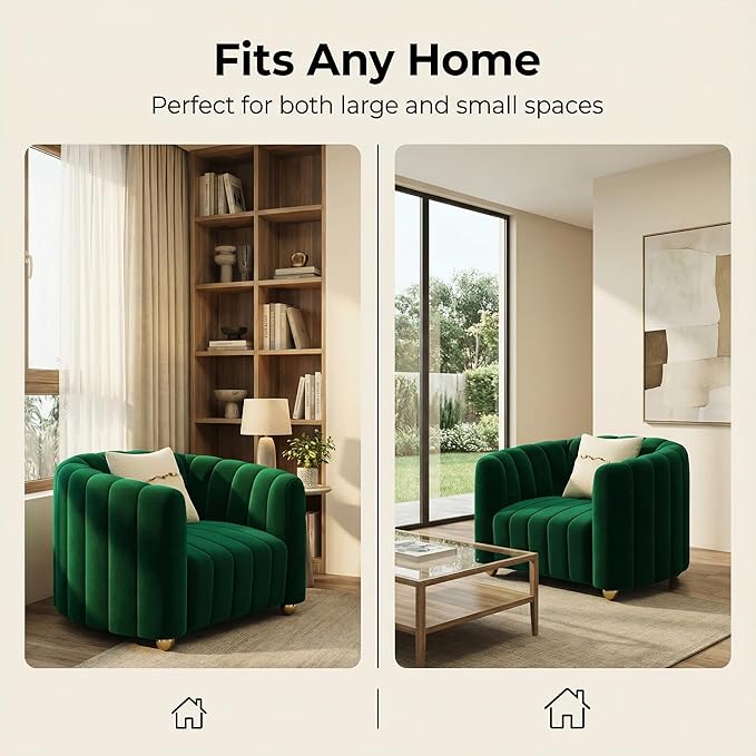 Modern Velvet Sofa Couch for Living Room 42 Comfy Upholstered Sofa Chair with Gold Metal Legs &amp Pillow Luxury Sectional Armchair Sofa for Bedroom Office Apartment (Green 1 Seater)