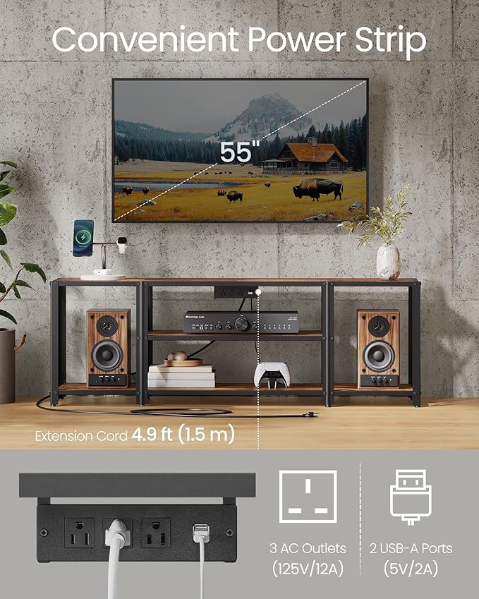 VASAGLE TV Stand with Power Outlets and LED Lights for TVs up to 60 Inches Entertainment Center with Open Storage Shelves TV Console Table for Living Room Rustic Brown and Ink Black ULTV121K01