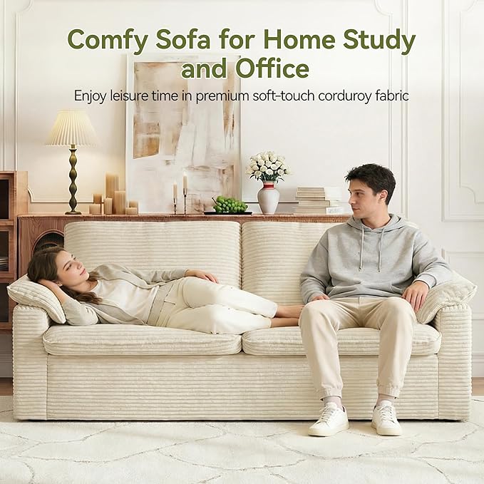 86 Loveseat Sofa Beige Corduroy CouchModern Cloud Sofa Love Seat Deep Seat Slipcovered Sofa with 2 Wide Armrest Pillows for Small Spaces Apartment Studio Office Bedroom Living Room