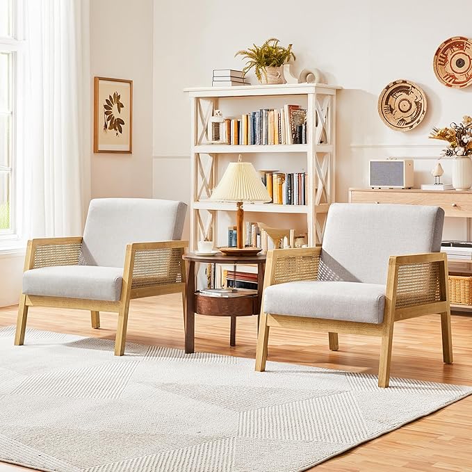 Topeakmart Accent Chair Armchair with Rattan Sides Modern Barrel Chairs for Living Room Bedroom Beige 1