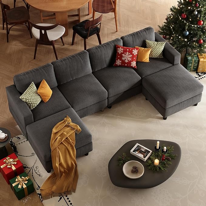 101 Inch Oversized Corduroy Sectional Sofa U Shaped Sectional Sofa with 2Ottomans 6 Seater Convertible Corduroy Sofa Comfortable Living Room Couch (Dark Gray 4 Seat with 2 Ottoman)