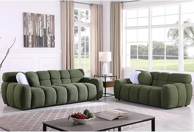 GNIXUU 86.5” Boucle Cloud Sofa Modern Large Tufted 3 Seater Sofa Couch with 2 Pillows Comfy Marshmallow Sectional Couches for Living Room Bedroom Apartment(Green)