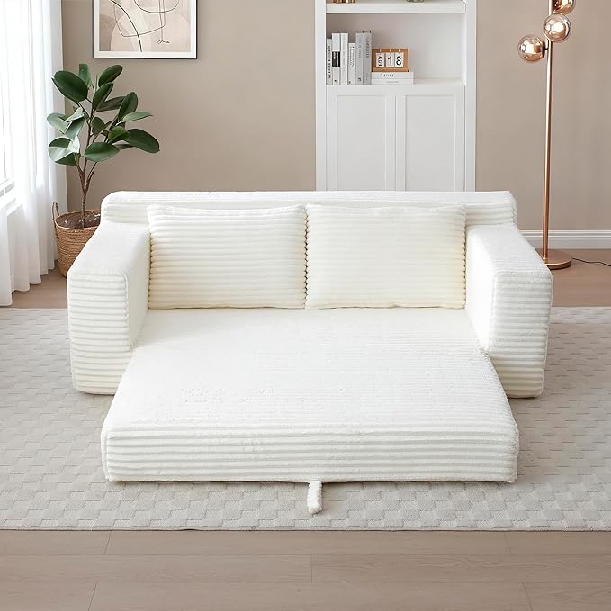 73 Convertible Sofa Bed Pull Out Loveseat Sleeper Sofa with Side Pockets 2 in 1 Folding Couch Bed Fold Out Floor Couch Lounge Sofa with 2 Pillows for Living Room Apartment (Beige)