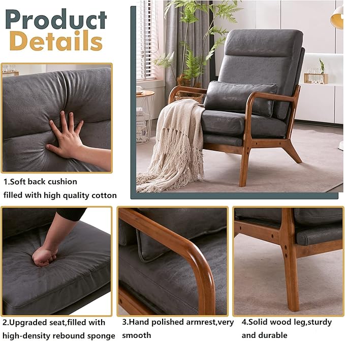 Accent Chair for Living Room Mid-Century Modern Upholstered Armchair with PillowReading Arm ChairComfy Accent Chair for Bedroom