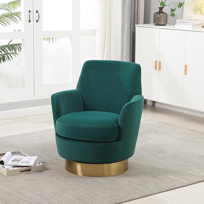 360° Swivel Barrel Accent Chair Comfy Round Accent Chairs with Gold Iron Base &amp Dual-Layer Cushion Modern Lounge Reading Armchair Upholstered Sofa Chair for Living Room Bedroom(Velvet Emerald