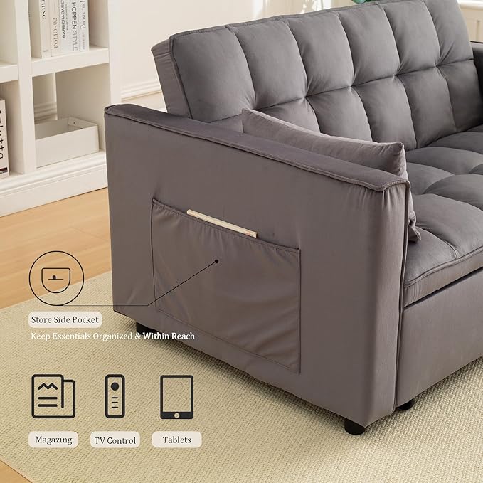 54'' 3 in 1 Convertible Sleeper Sofa Bed Futon Couches Bed for Living Room with Side Pocket | Adjustable Backrest| Velvet Fabric | Pull Out Couch | Love Seat Sofa Grey