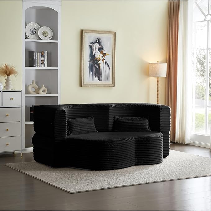 2 in 1 Folding Floor Couch Sofa Bed with 2 Pillows Convertible Sleeper Sofa Modern Full Mattress for Living Room Guestroom Plush Corduroy Floor Sofa BedNo Assembly RequiredBlack