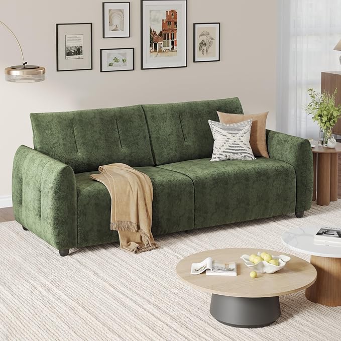 84.5 Inch Loveseat SofaModern Couch and SofaFeather-tip armrest DesignSturdy and Easy InstallationSmall Sofa for Living Room Bedroom Office and ApartmentChenille FabricGreen