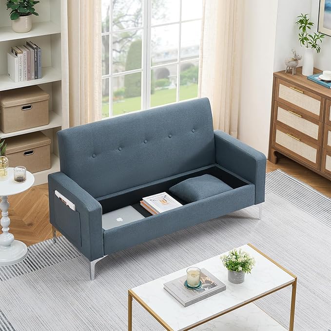 57 Grey Suede Couch Mini Comfy Sofa with Spring Cushions Loveseat Storage Sofa for Bedroom Small Couch for Small Spaces Modern Living Room 2 Seater Sofas with Pillow Seat (Grey)