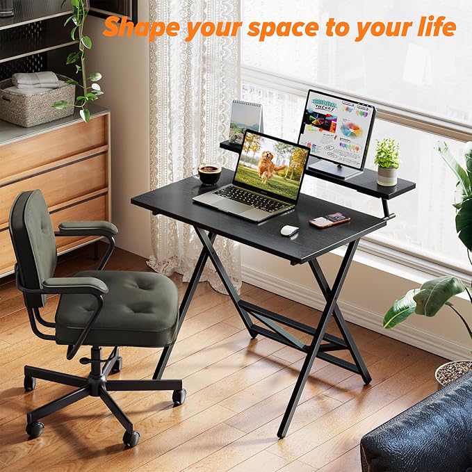 WOHOMO Folding Computer Desk with Adjustable Height 23.6 x 31.5 x 25.6 Foldable Table with Monitor Stand Small Office Desk for Bedroom Space Saving Desk for Home Office Easy Assemble Black