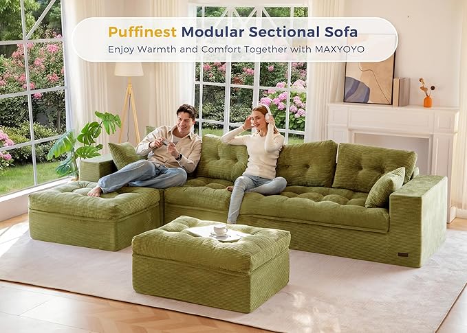 MAXYOYO 132 U Shaped Modular Sectional Sofa with 2 Ottomans Cloud Boneless Couch with Layered Cushion Flexible Module Combination Sofa for Living Room No Assembly Required Green