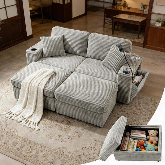 75 Double Chaise Lounge Chair Indoor Oversized Loveseat Sofa with Storage Ottoman USB Charging Cup Holders Phone Stand &amp LED Light Corduroy Reading Chair for Living RoomGrey | Armrest Stora