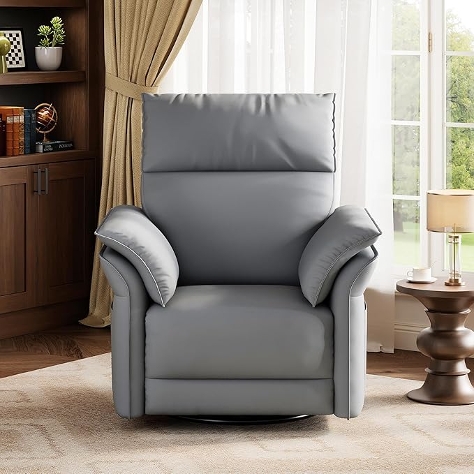 GarveeHome Power Recliner Chair with Side Pockets 270° Swivel &amp Glider USB Charging Port PU Leather Thickened Dual-Layer Armrests Modern Recliner for Living Room Bedroom (Silver)