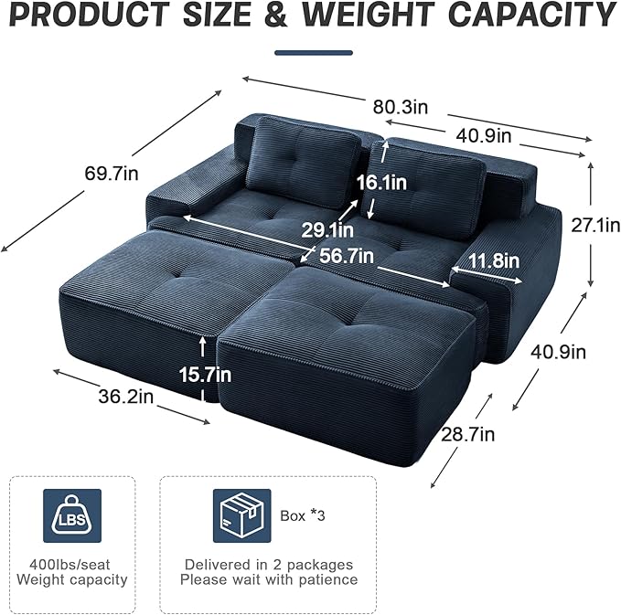 82 Modern Corduroy Boneless Love Seat Couches with 2 Ottomans 2 Seater Large Sectional Couches for Living Room Blue Cloud Modular Sectional Sofa Memory Foam Extra Deep Loveseat No Assembly