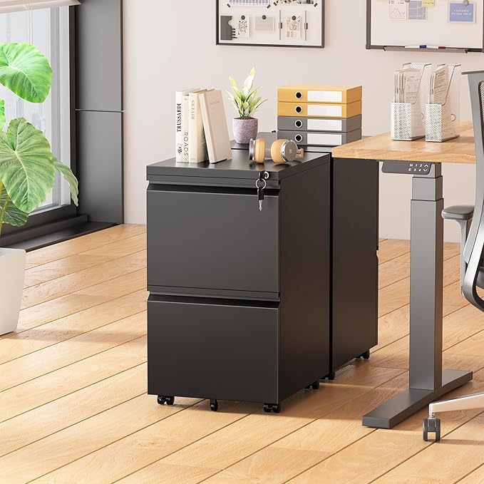 Pataku 2 Drawer File Cabinet Small File Cabinets with Lock Metal Rolling Filing Cabinet with 2 Drawer Filing Cabinets for Home Office Fit A4/Letter/Legal Easy Assembled Black