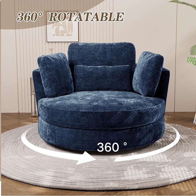 Chifee &amp Vingol 50.2 Oversized Swivel Accent Chair Upholstered Round Barrel Chair with Pillows Swivel Chairs for Living Room BedroomChenilleNavy