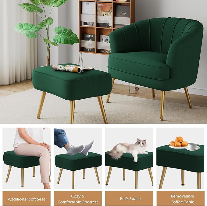 Velvet Accent Chairs with Ottoman for Living Room Bedroom Office Leisure Upholstered Single Sofa Chair Arm Chair Comfy Chair Reading Club Coffee Chair with Metal Legs Green